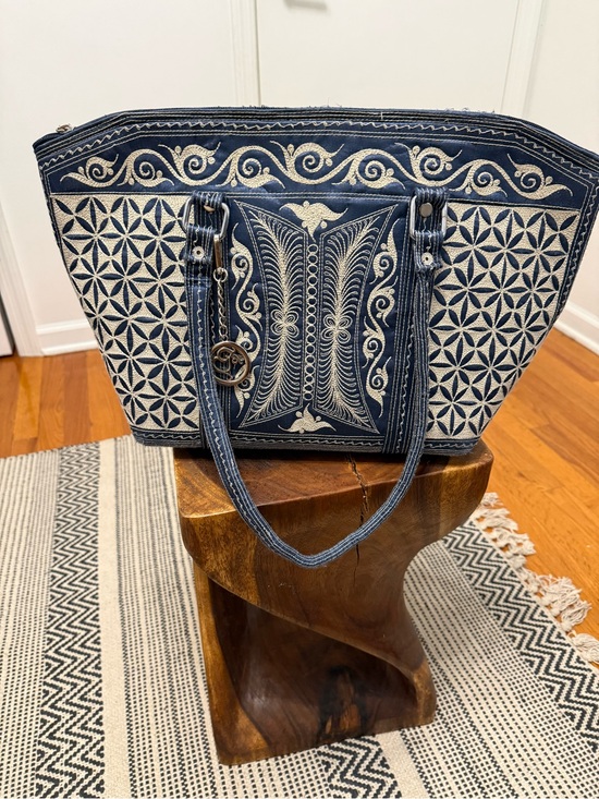 Banda Bags Handbags - Banda Bags- Navy and Cream Embroidered Tote Bag